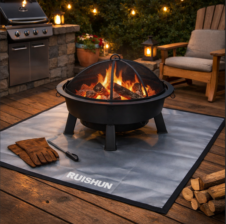 RUISHUN Fire Pit Mat – Heat-Resistant Outdoor Surface Protection RUISHUN Fire Pit Mat protecting wooden deck from heat and embers under outdoor fire pit
