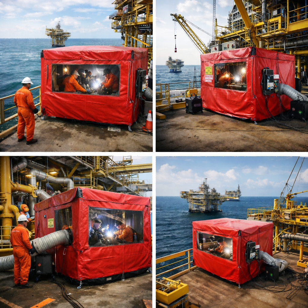 Welding Habitat for Hot Work Operations on Offshore Platforms Workers in orange coveralls welding in a red portable habitat on an offshore oil rig, surrounded by industrial structures and open sea.