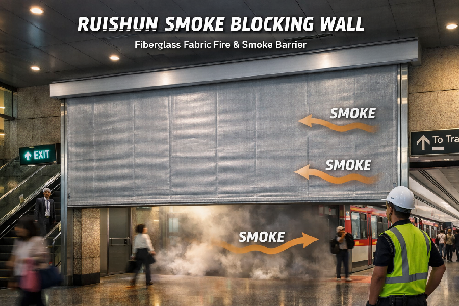 RUISHUN Smoke Blocking Wall Application – Fiberglass Fabric Smoke Barrier RUISHUN smoke blocking wall made of fiberglass fabric installed in a public building to block smoke and protect evacuation routes