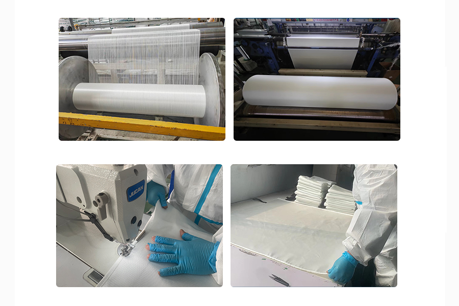 Four-step RUISHUN fiberglass fabric production process including weaving, rolling, industrial sewing, and final product packaging
