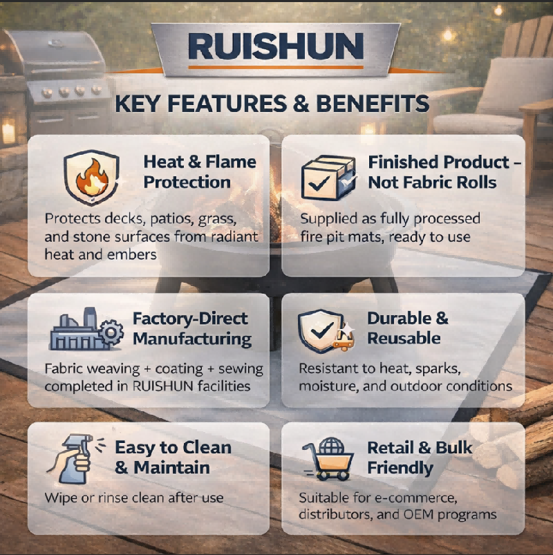 RUISHUN Fire Pit Mat key features and benefits infographic showing heat protection, finished product, factory-direct manufacturing, durability, easy maintenance, and retail-friendly design