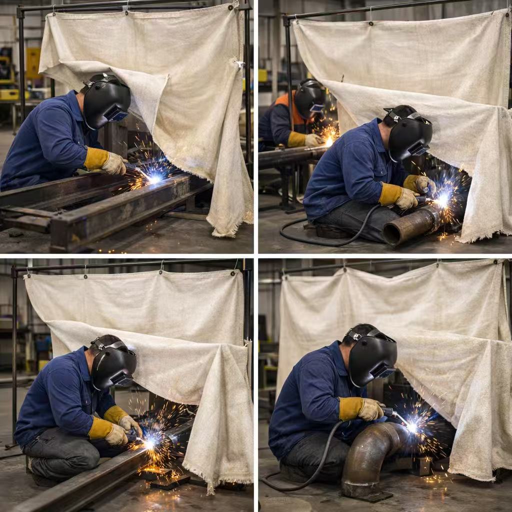 Industrial fire blanket protecting work area from welding sparks